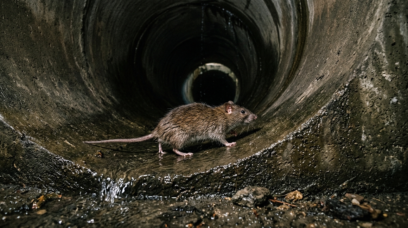 Réseau de canalisations d'évacuation propice au passage d'un rat